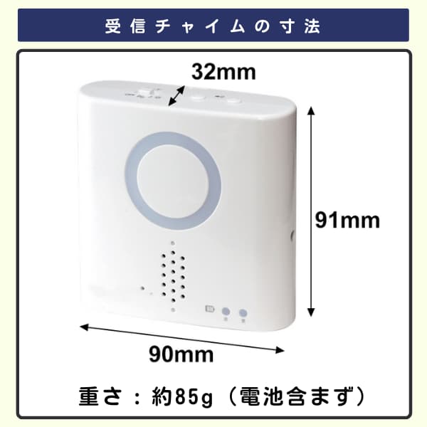 受信チャイムの寸法図。幅90mm、高さ91mm、奥行き32mm。重さは約85g(電池を含まない状態)。