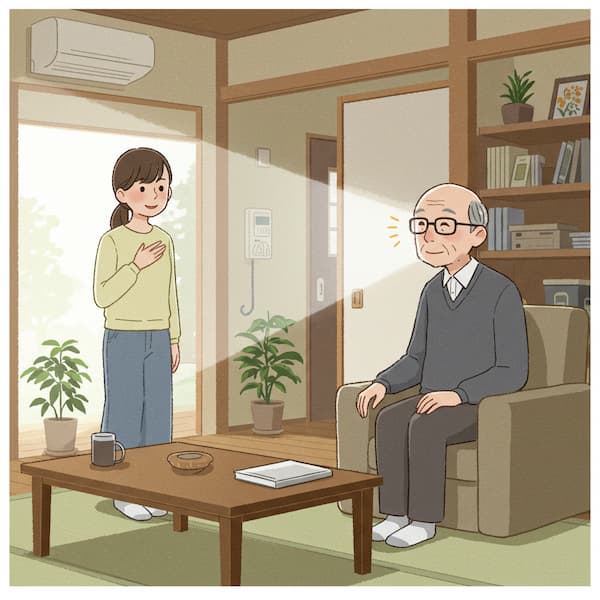 リビングで若い女性と向かい合う高齢の男性のイラスト、男性の視線が光で表現されている