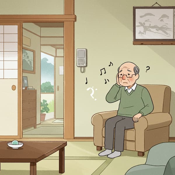 和室で、高齢の男性が耳に手を当て、何かを聞き取ろうとして困った表情を浮かべているイラスト。周囲には音符と「?」マークが描かれている。