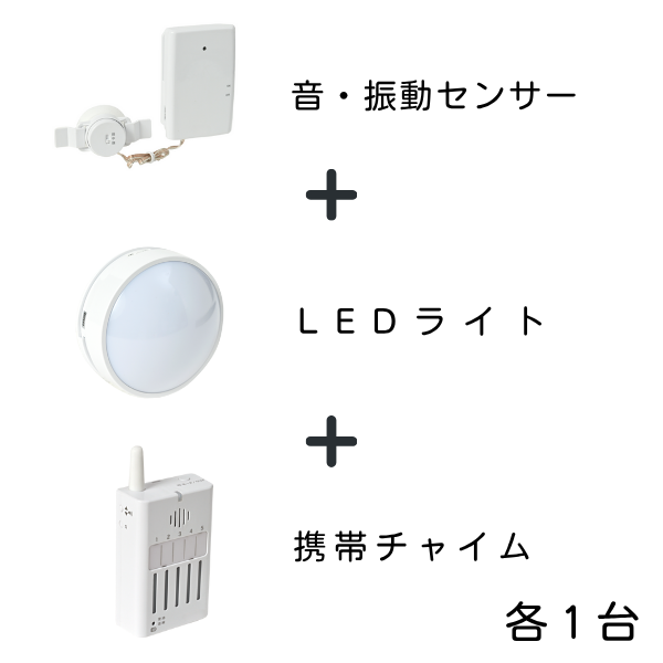 音・振動センサー、LEDライト、携帯チャイムの3つの製品がセットになった画像。「音・振動センサー」「LEDライト」「携帯チャイム」「各1台」のテキストが添えられています。