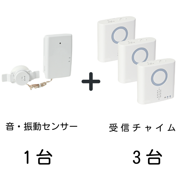 音・振動センサー1台と受信チャイム3台のワイヤレスチャイム増設セット。より多くの場所で同時に受信可能。