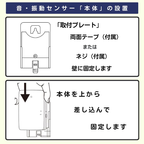 音・振動センサー本体の設置手順図。取付プレートを壁に固定し、そのプレートにセンサー本体を上からスライドさせて取り付ける2ステップを解説。