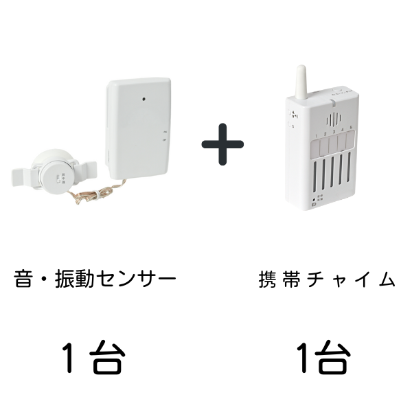 音・振動センサー1台と携帯チャイム1台がセットになっていることを示す画像。左側に音・振動センサー、右側に携帯チャイムの製品写真がそれぞれ「1台」というテキストと共に表示され、中央に「+」マークが配置されている。