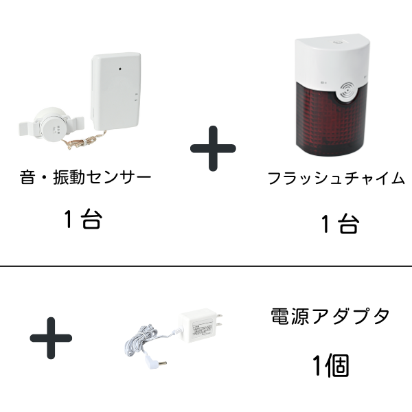 音・振動センサー1台と赤色のフラッシュチャイム1台のセットに、電源アダプタ1個が加えられた構成を示す画像。各製品名の下には、それぞれの数量(「1台」または「1個」)が記されている。