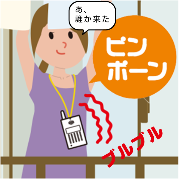 紫色のタンクトップを着た女性が、首にかけた携帯型チャイム受信機が「ブルブル」と振動し、「ピンポーン」という音と共に来客を知らせているのに驚き、「あ、誰か来た」と呟きながら額の汗を拭うような仕草をしているイラスト。