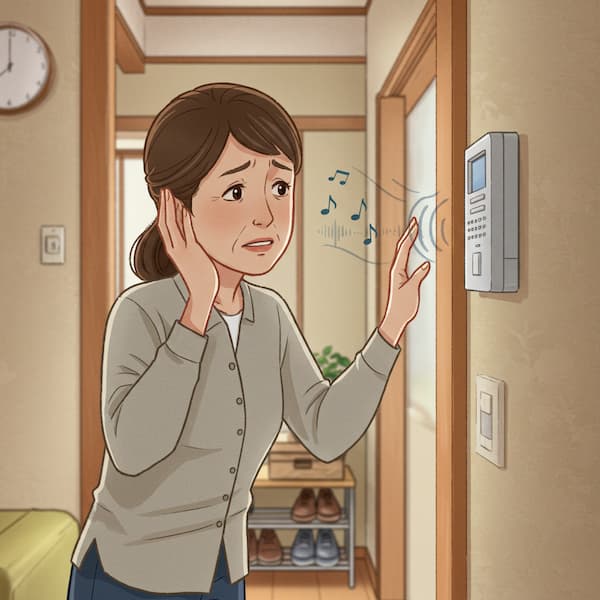 の玄関らしき場所で、壁のインターホンからの音が小さいのか、中年の女性が心配そうな、困った表情で右手を耳に当て、左手をインターホンに向けているイラスト。インターホンからは小さな音符と波紋が出ている。