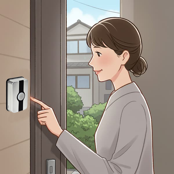 玄関のドア横にあるインターホンを指で押そうとしている若い女性のイラスト