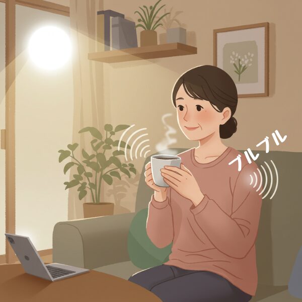  日当たりの良いリビングのソファで、マグカップを手にリラックスしている女性。肩のあたりに「ブルブル」というオノマトペと振動を表す線が描かれ、何らかの振動による通知を受けている様子のイラスト。
