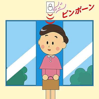 お店に女性のお客様が入るときに一体型・人感チャイムが反応してピンポン音でお知らせする人感チャイムのイラスト