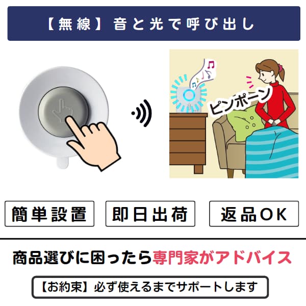 防水コールボタンを押すイラストと、室内でチャイムが鳴り気づく女性のイラスト