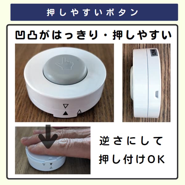 防水コールボタンのアップと上からみた写真 指で押し付ける写真