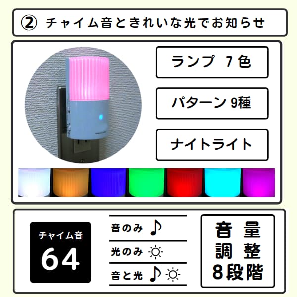 コンセントチャイムが光る画像と7色のランプ