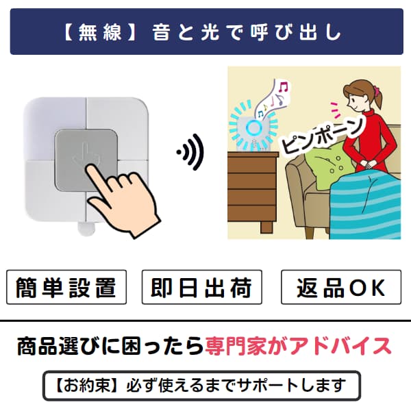 呼出ボタンを押すイラストと、室内でチャイムが鳴り気づく女性のイラスト