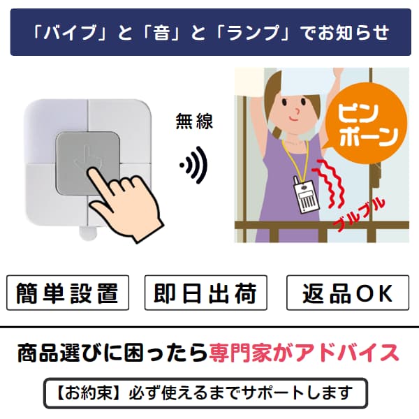 呼出ボタンを押すイラストと、ベランダで洗濯物を干す女性にピンポン音とバイブでお知らせするイラスト