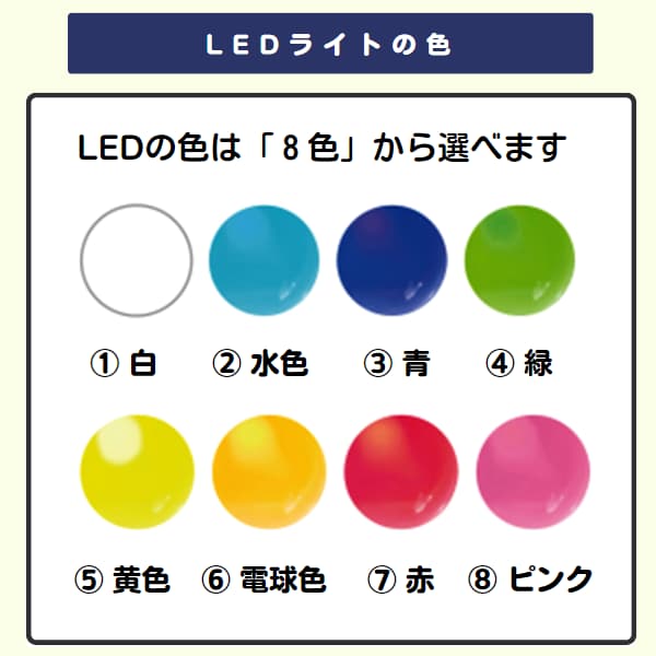 LEDの色 8色 白、水色、青、緑、黄色、電球色、赤、ピンク