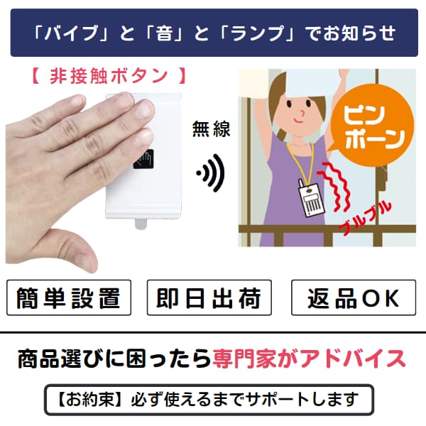非接触ボタンにかざすイラストと、ベランダで洗濯物を干す女性にピンポン音とバイブでお知らせするイラスト