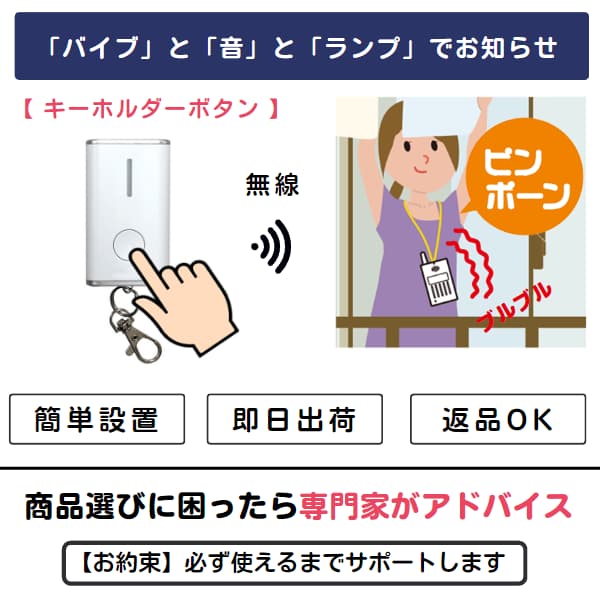 キーホルダーボタンを押すイラストと、ベランダで洗濯物を干す女性にピンポン音とバイブでお知らせするイラスト