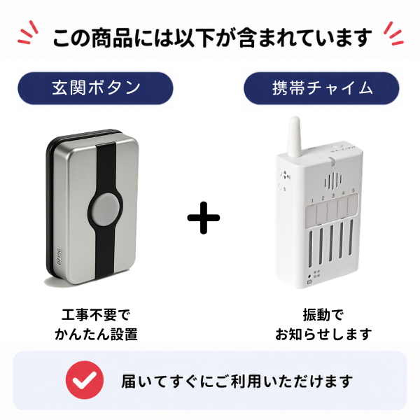 「この商品には以下が含まれています」玄関ボタン（工事不要でかんたん設置）と携帯チャイム（振動でお知らせします）のセット内容。届いてすぐにご利用いただけます。