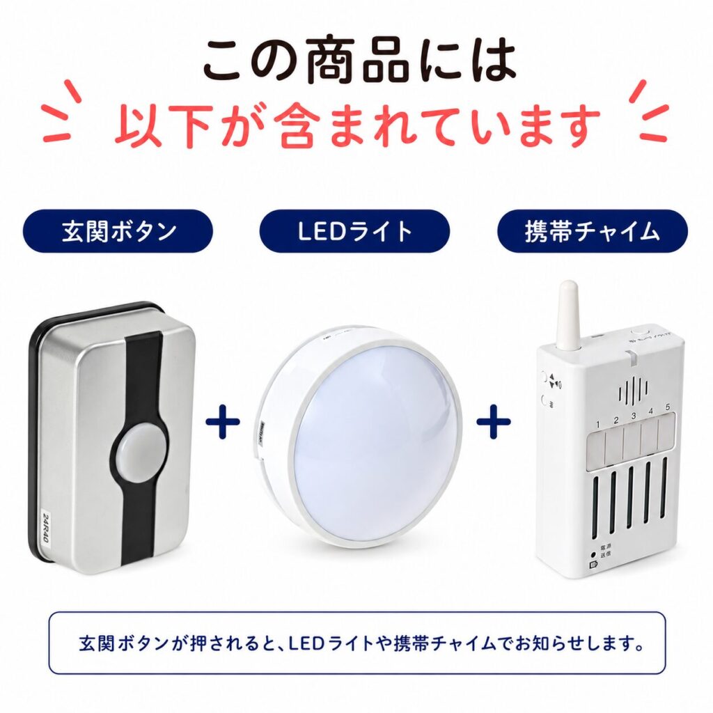 「この商品には以下が含まれています」玄関ボタン、LEDライト、携帯チャイムの3点セット。玄関ボタンが押されると、LEDライトや携帯チャイムでお知らせします。
