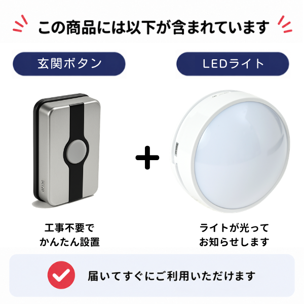 「この商品には以下が含まれています」玄関ボタン(工事不要でかんたん設置)とLEDライト(ライトが光ってお知らせします)のセット内容。届いてすぐにご利用いただけます。