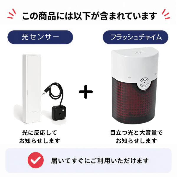 光センサーとフラッシュチャイムの同梱品セット内容。目立つ光と大音量で知らせる受信機とのセットで、届いてすぐに利用可能。