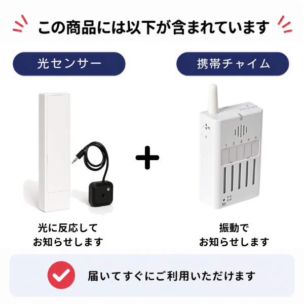 「この商品には以下が含まれています」光センサー（光に反応してお知らせします）と携帯チャイム（振動でお知らせします）のセット内容。届いてすぐにご利用いただけます。