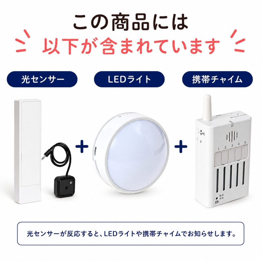 「この商品には以下が含まれています」光センサー、LEDライト、携帯チャイムの3点セット。光センサーが反応すると、LEDライトや携帯チャイムでお知らせします。