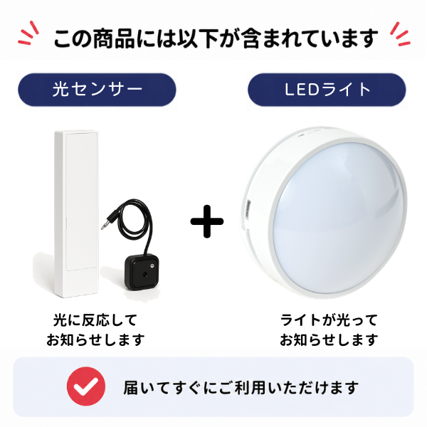 「この商品には以下が含まれています」光センサー（光に反応してお知らせ）と、LEDライト（ライトが光ってお知らせ）の同梱セット内容。届いてすぐにご利用いただけます。