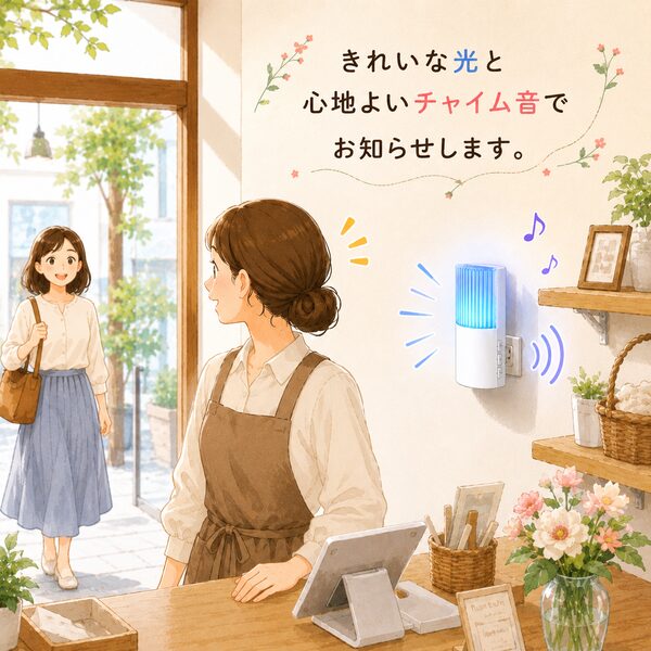 店内のコンセントチャイムがやさしい青色に光り、心地よいチャイム音で来客をお知らせするイラスト。女性店長がお客様に気づいて振り向き、笑顔でお迎えしようとしている温かい雰囲気が描かれている。