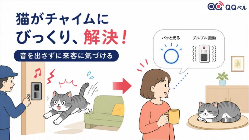 猫がインターホンの音に驚く問題を、音を出さずに光や振動で来客を知らせる「QQベル」で解決するイラスト。