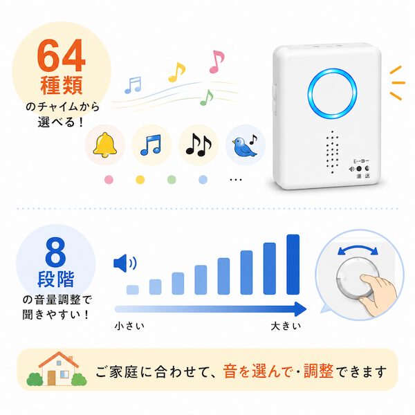 64種類のチャイム音と8段階の音量調節機能。家庭環境に合わせて音の種類と大きさを自由に設定可能。
