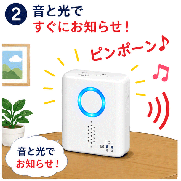 受信機が音と光で来客を知らせる様子。「ピンポーン♪」という音とともに青いライトが点滅。