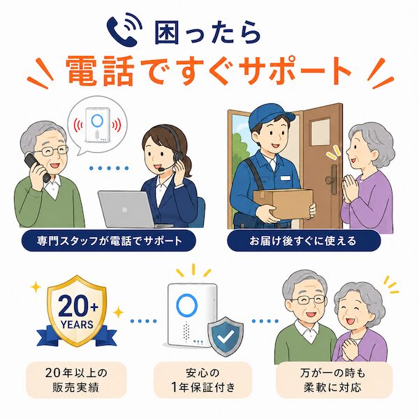 「困ったら電話ですぐサポート！」専門スタッフによる電話対応、お届け後すぐに使える案内、20年以上の販売実績、安心の1年保証付きの紹介。