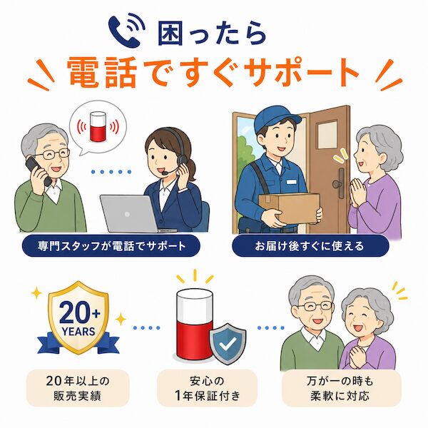 呼び出しチャイムの購入後サポート。専門スタッフによる電話相談、1年保証、20年以上の販売実績など安心のサービス体制。