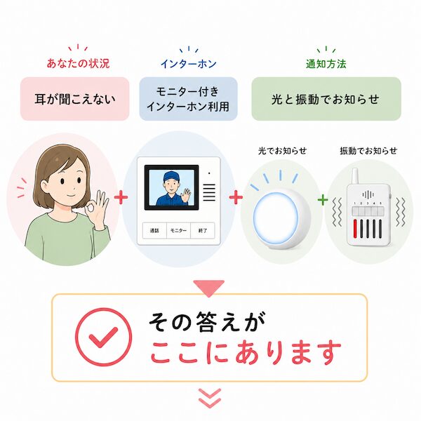 耳が聞こえずインターホンに気づけない悩みの対策。モニター付きインターホンに光センサーを貼り、LEDライトと携帯チャイムが光と振動でお知らせ