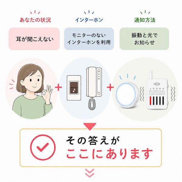耳が聞こえずインターホンに気づけない悩みの対策。モニターのないインターホン向けに、無線の玄関ボタンとLEDライト・携帯チャイムが光と振動でお知らせ