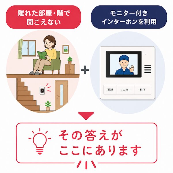 離れた部屋や2階でインターホンが聞こえない悩みの対策。モニターのあるインターホン向け