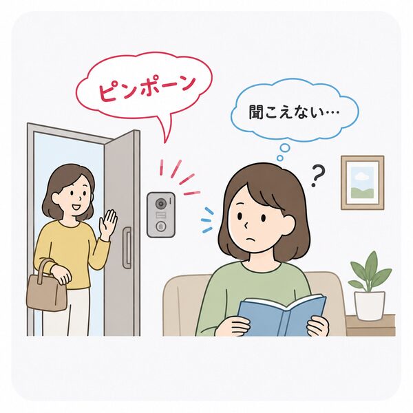 玄関のインターホンが鳴っているものの、離れたリビングで本を読んでいる女性に音が届かず、気づけないという困りごとのシーンを描いたイラスト。