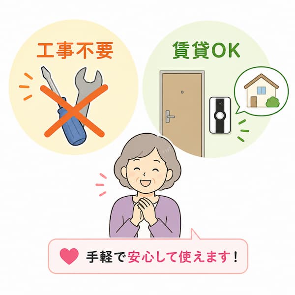 工事不要で賃貸でも使えるワイヤレスチャイムを喜ぶ高齢女性のイラスト。「手軽で安心して使えます!」というメッセージ付き。