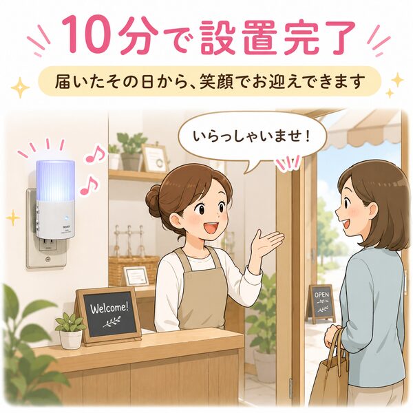 「10分で設置完了」と表示されたイラスト。コンセントチャイムが光と音で来客を知らせ、笑顔の女性店長がお客様に「いらっしゃいませ！」と気持ちよくお迎えしている様子を描いています。届いたその日から使えて、簡単に来客対応を始められることを表現しています。