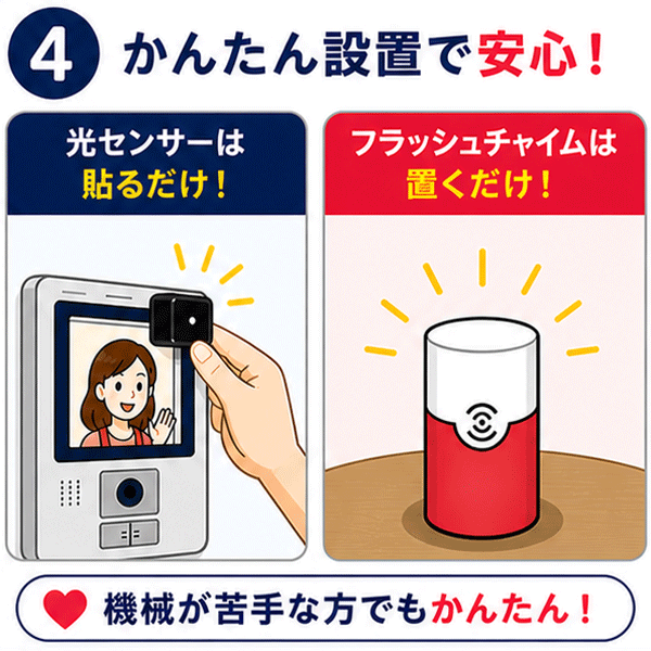 機械が苦手な方でも安心。光センサーを貼るだけ、フラッシュチャイムを置くだけの簡単設置ガイド。