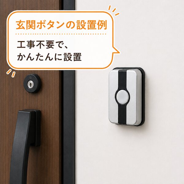 玄関ドアの横に設置されたワイヤレスの玄関ボタン。