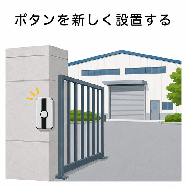 工場の入口に来客用の呼び出しボタンを設置したイメージ。インターホンがない場所でも、来客者がボタンを押して工場内へ来客を知らせる運用を表しています。