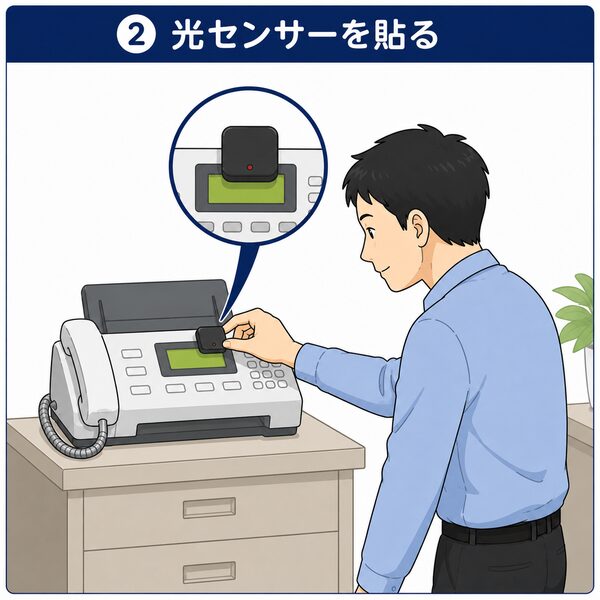 FAX機の液晶画面に光センサーを貼り付けて通知設定をしている様子