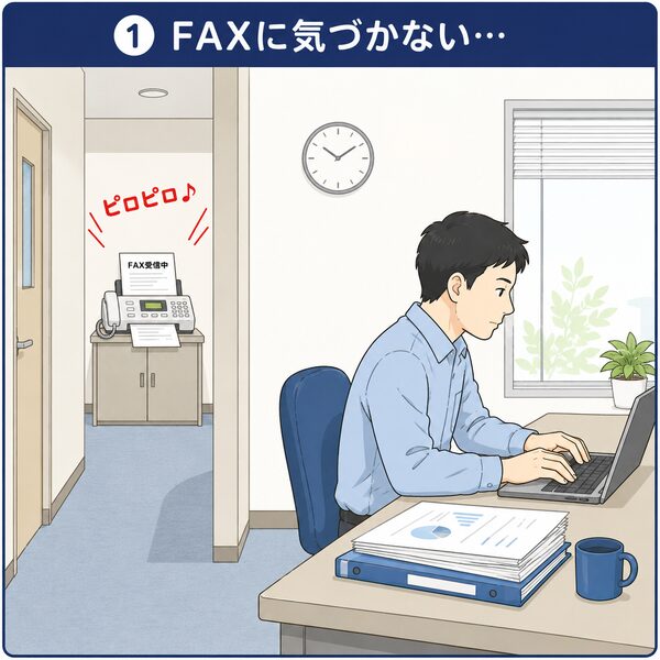 別の部屋でパソコン作業をしているためFAX受信に気づいていない様子