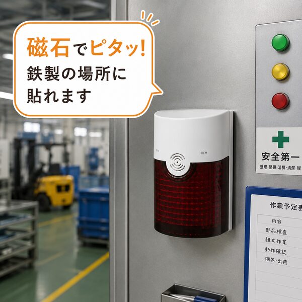 工場内の鉄製の制御盤や機械にフラッシュチャイムを磁石で取り付けて利用しているイラスト。吹き出しには「磁石でピタッ！ 鉄製の場所に貼れます」と表示され、工具不要で簡単に設置できることを紹介している。