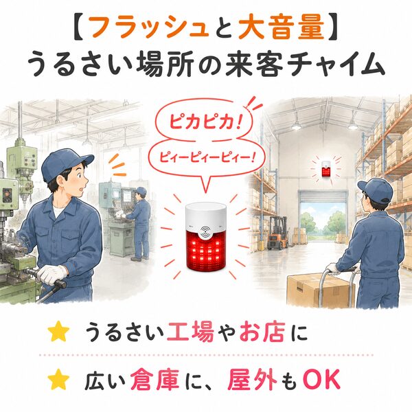 フラッシュチャイムが赤く点滅して大音量でお知らせし、うるさい工場やお店、広い倉庫や屋外でも離れた場所から来客に気づける様子を表したイラスト。
