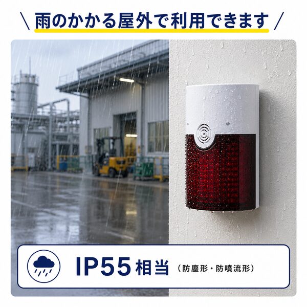 雨のかかる工場の屋外でフラッシュチャイムを利用しているイラスト。建物の外壁に設置したフラッシュチャイムが雨に濡れている様子と、工場やフォークリフトのある屋外環境を背景に、IP55相当（防塵形・防噴流形）で屋外でも利用できることを紹介している。