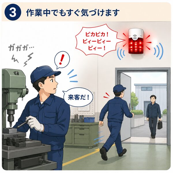 工場で作業中のスタッフが、壁に設置されたフラッシュチャイムの赤い光と大音量に気づき、来訪者のもとへ向かう様子を表したイラスト。作業中でもすぐ来客対応できることを説明している。