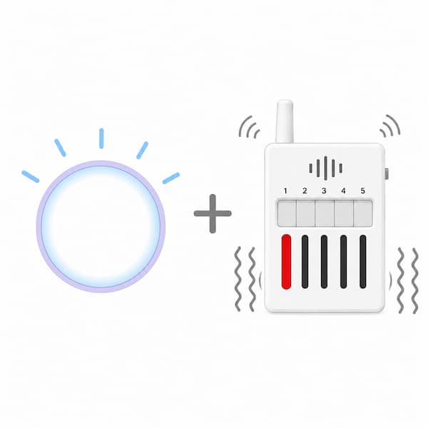 丸型LEDフラッシュライトと、音と振動で伝えるマルチチャンネル受信機のセット。